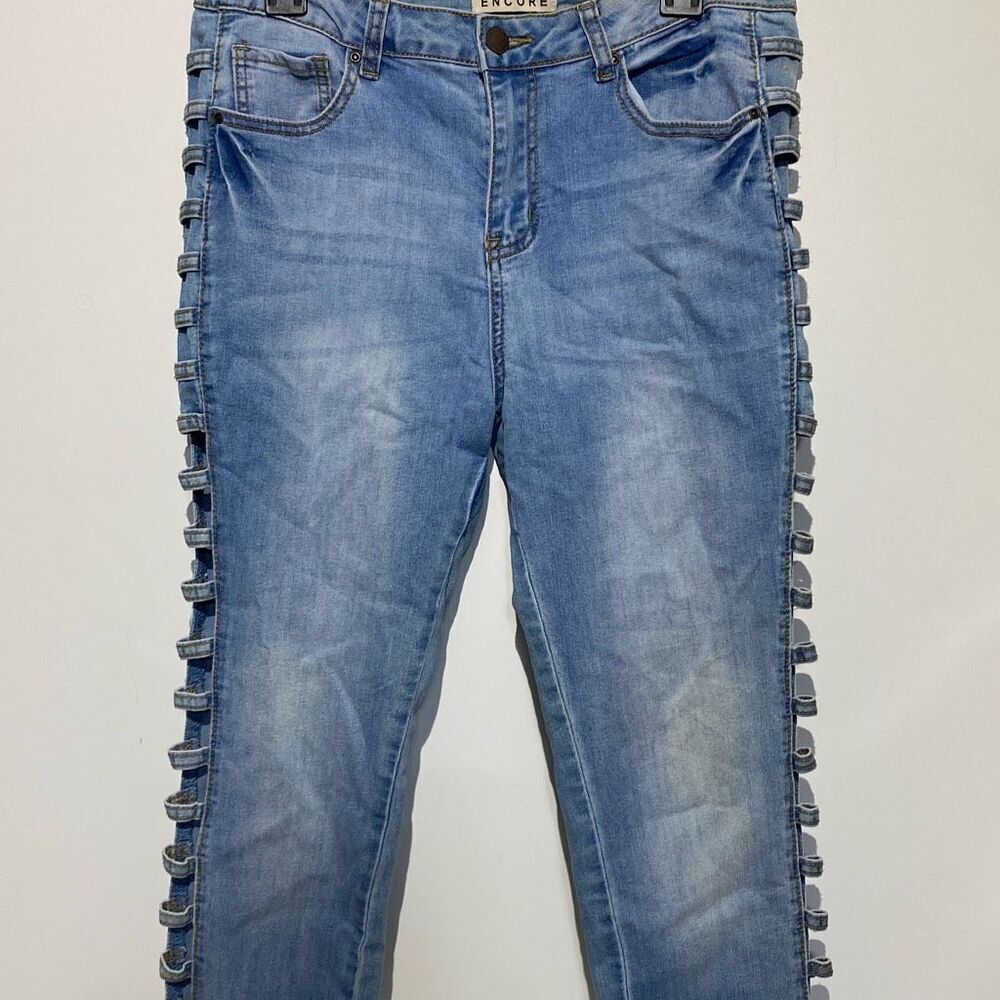 Encore Women's Blue Side Cut‎ Out Faded Cotton Blend Skinny Jeans Size 15